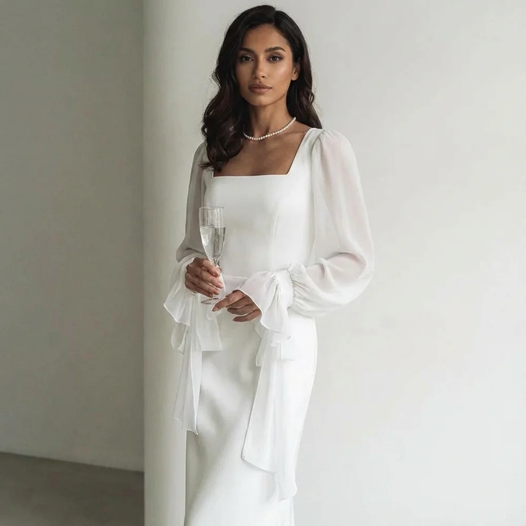 Damen Standesamt Hochzeitskleid mit langen Chiffonärmeln