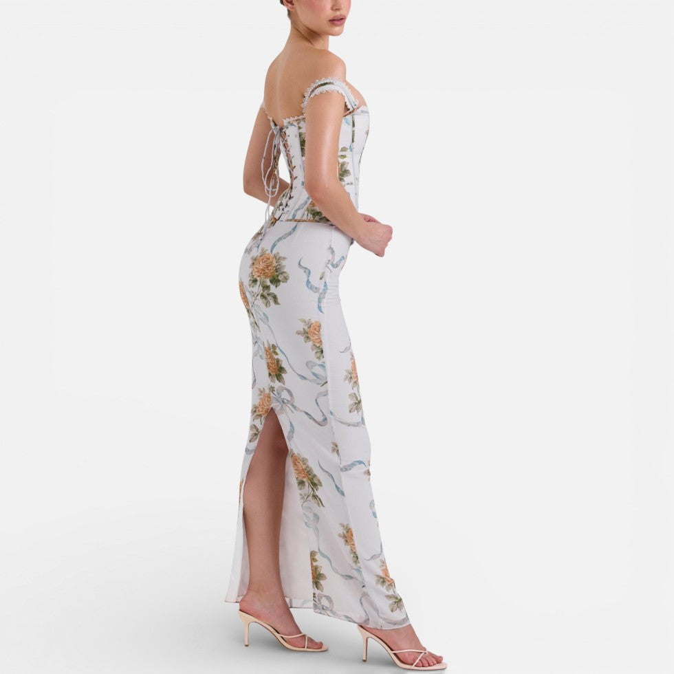 Langes Kleid mit Korsettoberteil und Blumenmuster