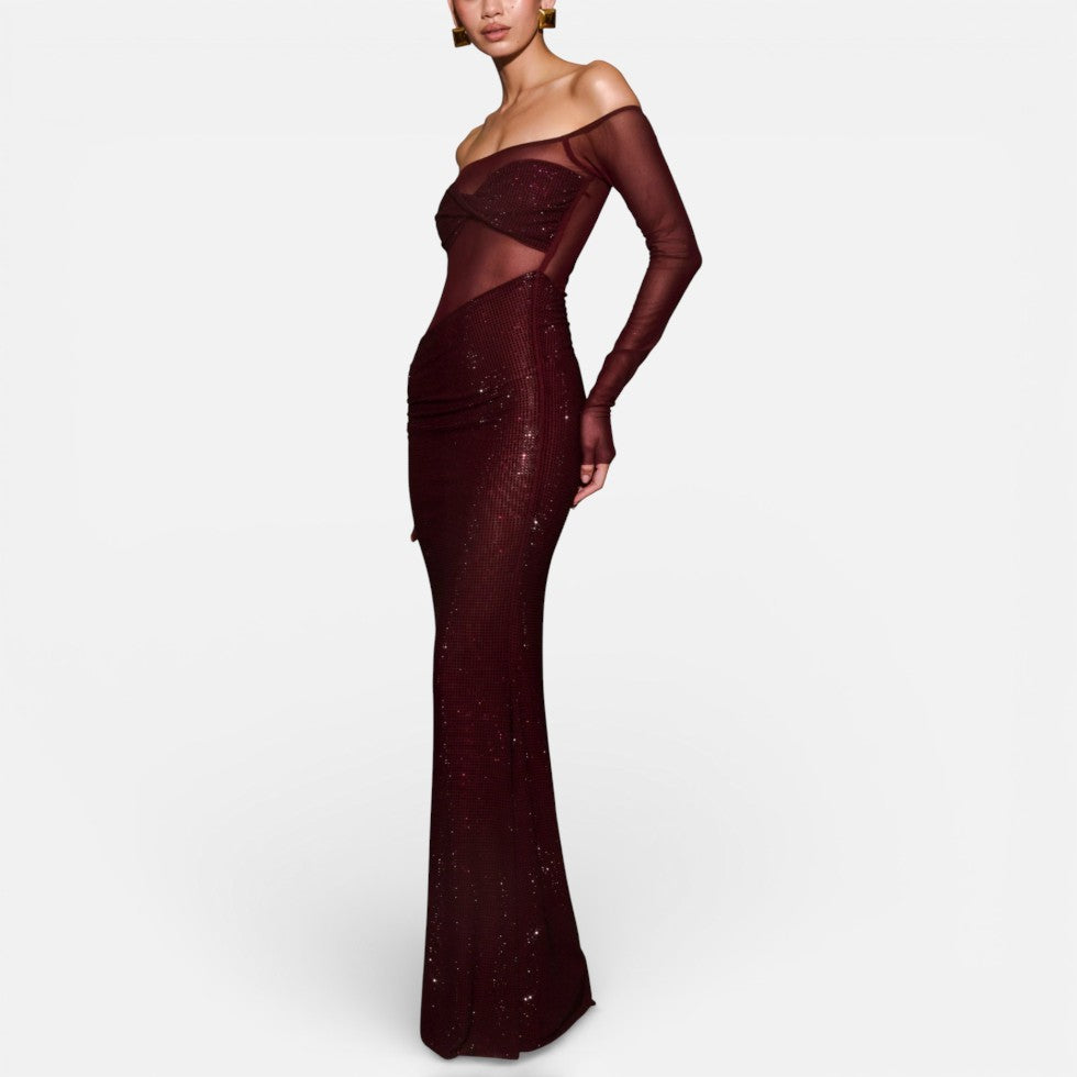 Langes Abendkleid mit Off Shoulder Schnitt und transparentem Oberteil