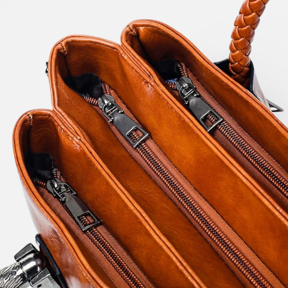 Damen Handtasche mit geflochtenen Griffen und mehreren Fächern