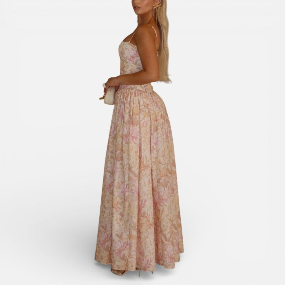 Langes Trägerkleid mit Blumenmuster und Korsage