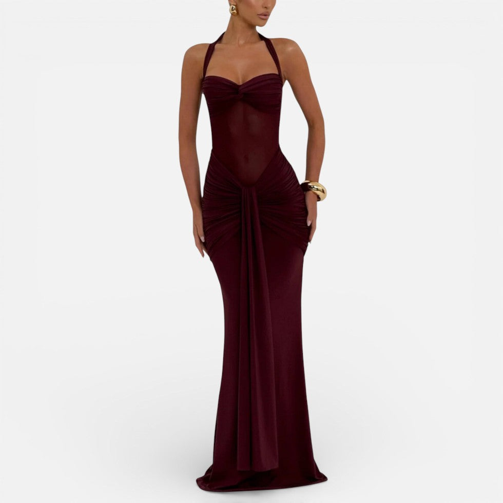Langes Abendkleid mit Neckholder und Drapierung