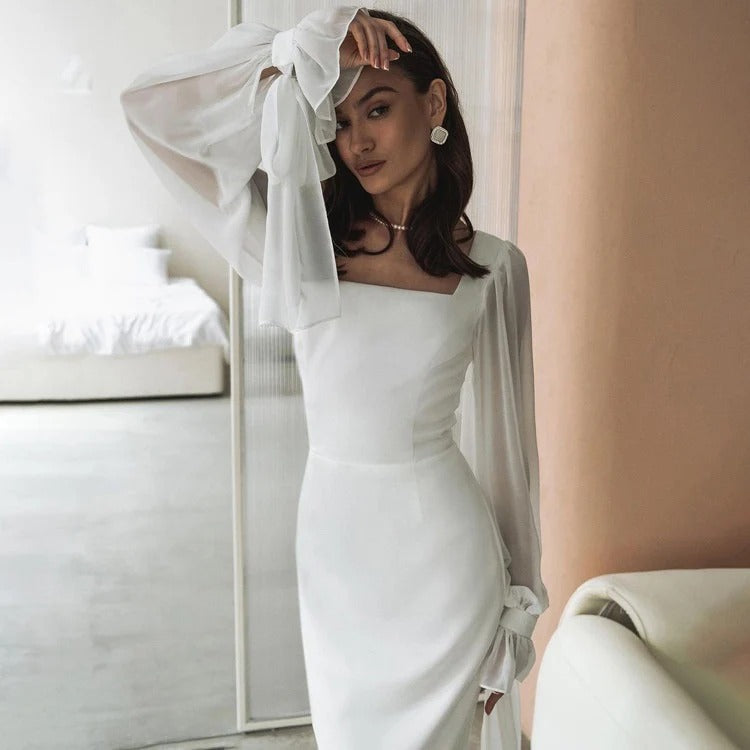 Damen Standesamt Hochzeitskleid mit langen Chiffonärmeln