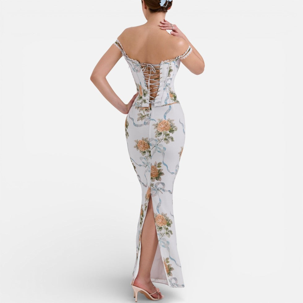 Langes Kleid mit Korsettoberteil und Blumenmuster