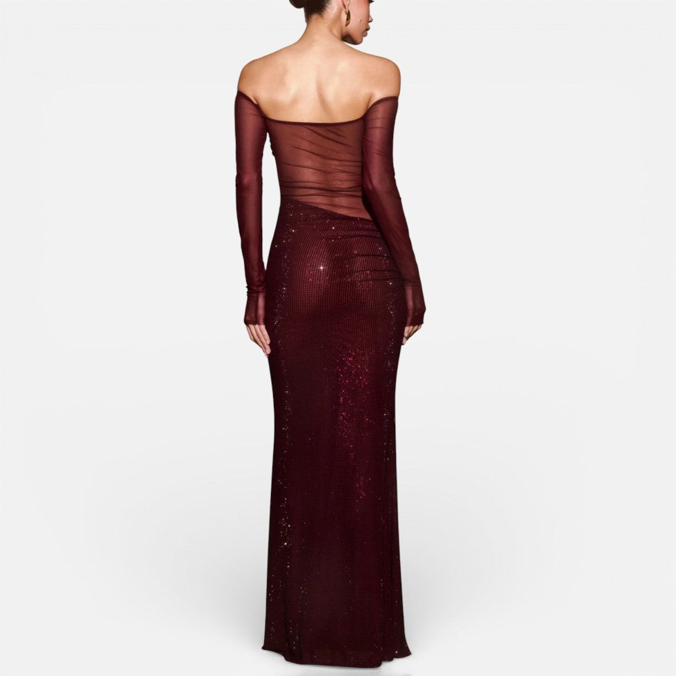 Langes Abendkleid mit Off Shoulder Schnitt und transparentem Oberteil