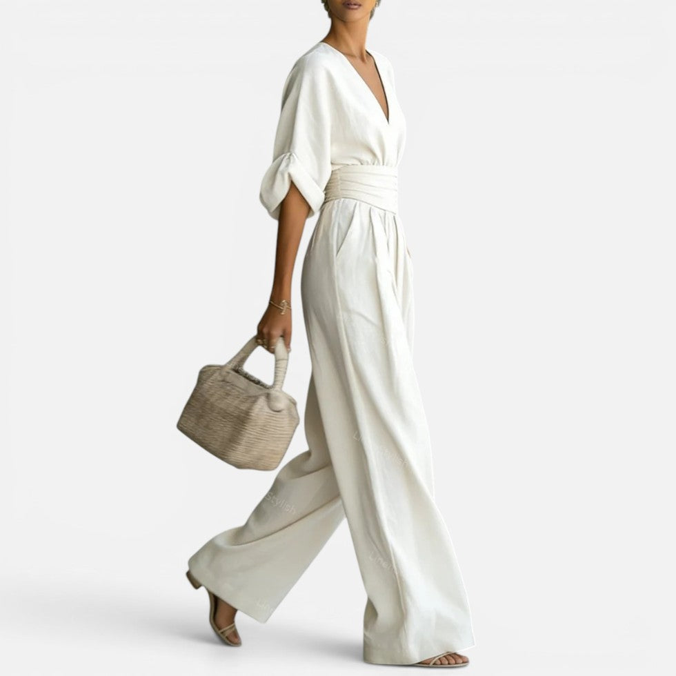 Jumpsuit Tailliert V Ausschnitt Weites Bein Dreiviertelarm