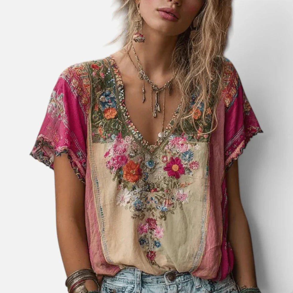 Bluse Blumenmuster V Ausschnitt Kurzarm