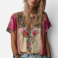 Bluse Blumenmuster V Ausschnitt Kurzarm