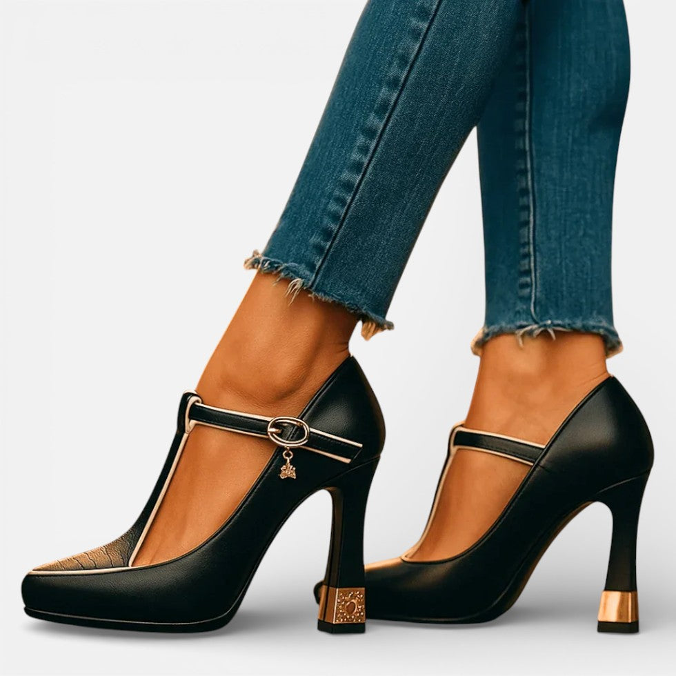 Damen Pumps mit Riemen und Blockabsatz