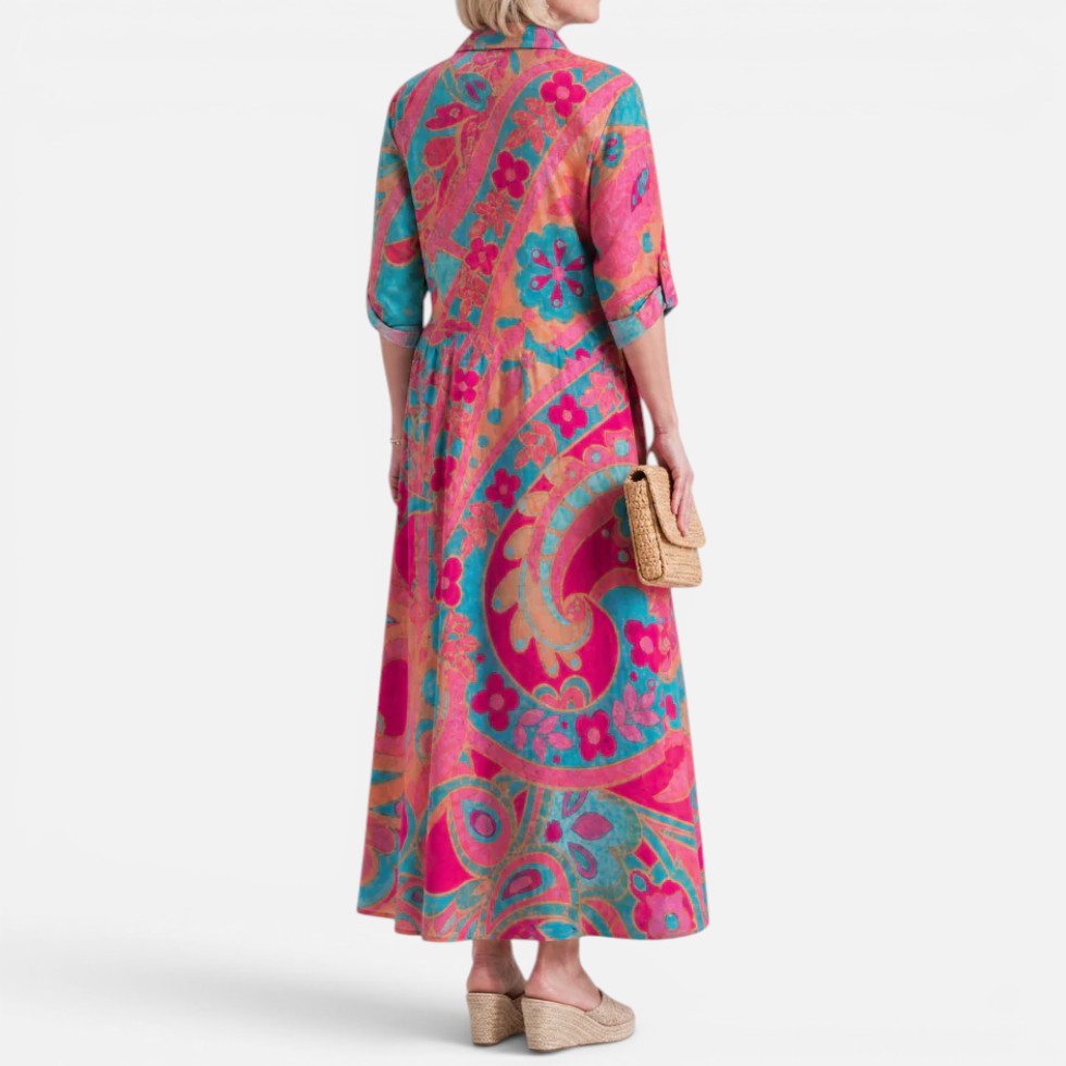 Maxikleid Hemdblusenkleid Langarm Blumenmuster Knopfleiste