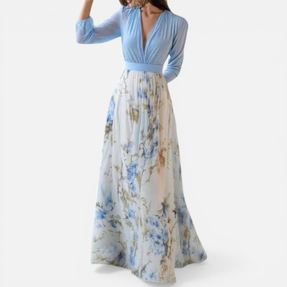 Maxikleid mit Blumenmuster und V Ausschnitt
