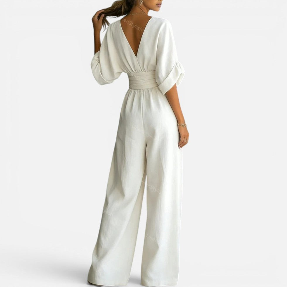 Jumpsuit Tailliert V Ausschnitt Weites Bein Dreiviertelarm