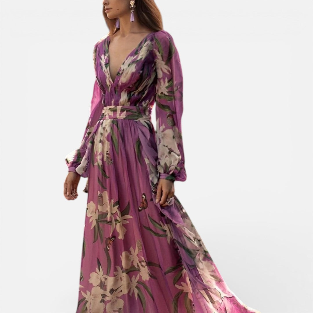 Damen Maxikleid Langarm V Ausschnitt Blumenmuster