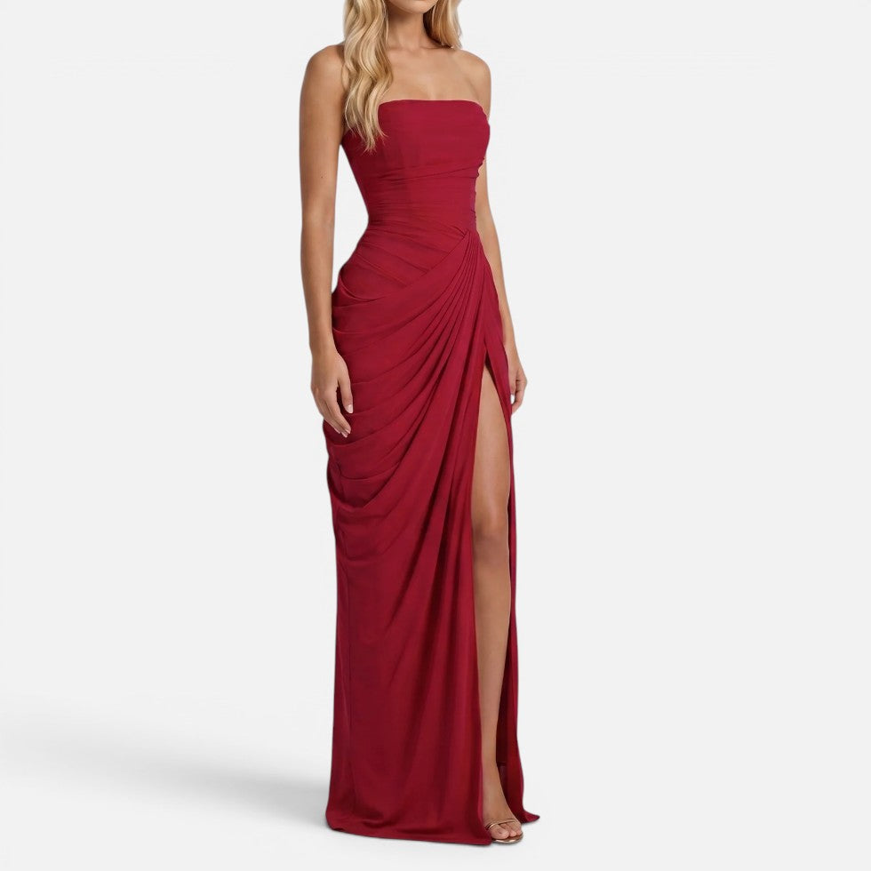 Maxikleid Drapiert Schulterfrei Ärmellos Schlitz