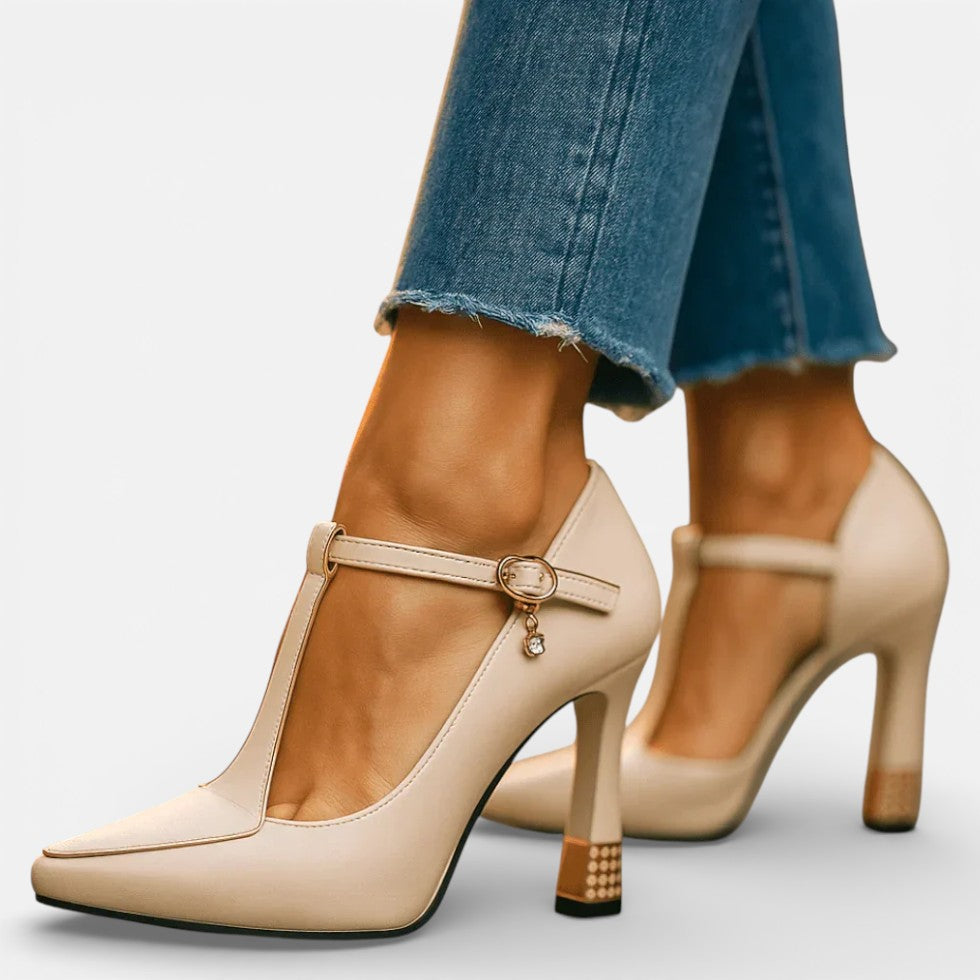Damen Pumps mit Riemen und Blockabsatz