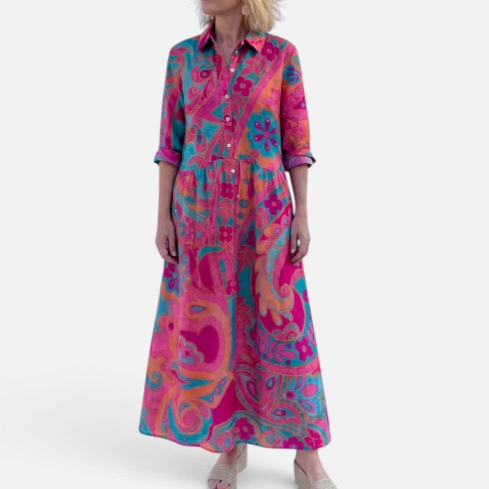 Maxikleid Hemdblusenkleid Langarm Blumenmuster Knopfleiste