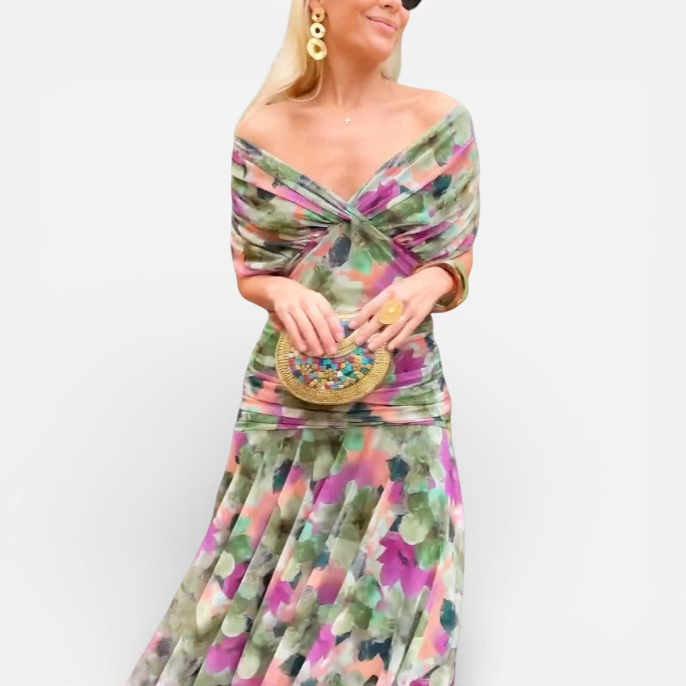 Schulterfreies Midikleid mit Drapierung