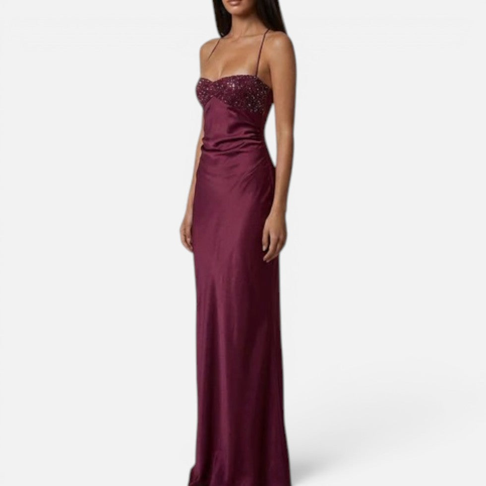 Maxikleid Perlenbesatz Halterneck Ärmellos Satinoptik