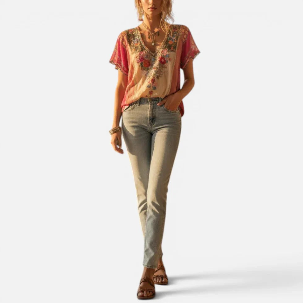 Bluse Blumenmuster V Ausschnitt Kurzarm