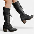Damen Kniehohe Schnürstiefel mit Blockabsatz