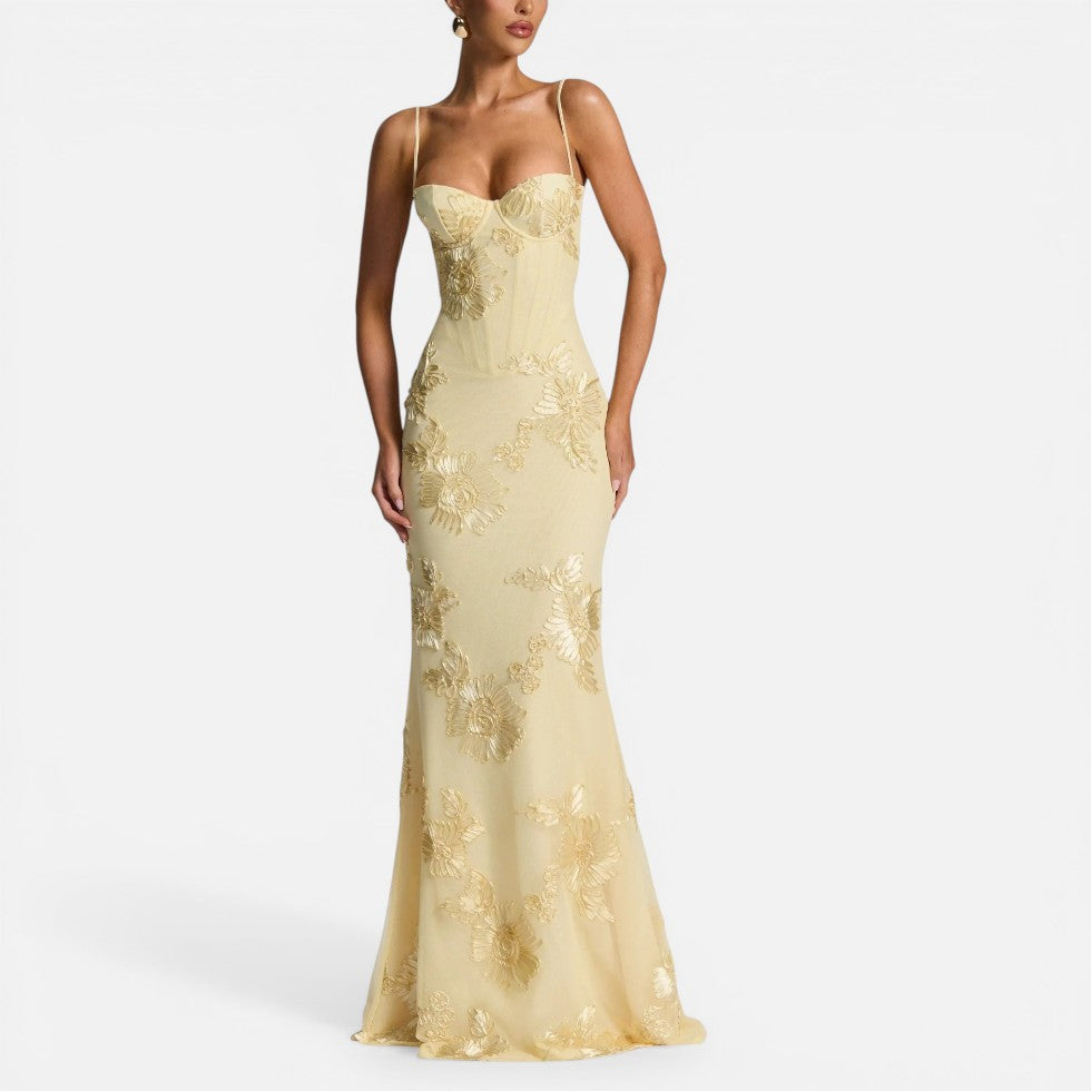 Maxikleid mit Spaghettiträgern und Blumenstickerei