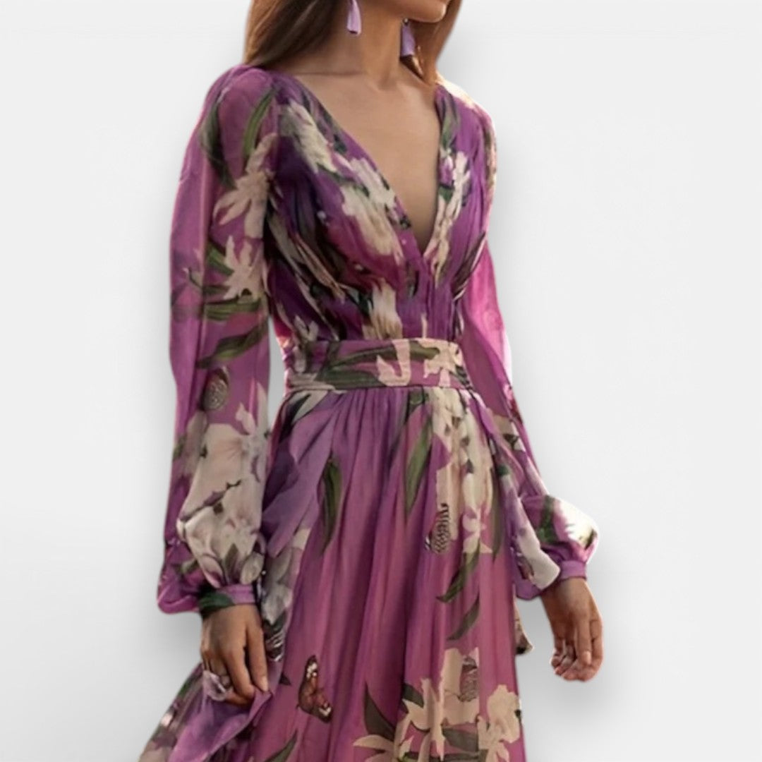 Damen Maxikleid Langarm V Ausschnitt Blumenmuster