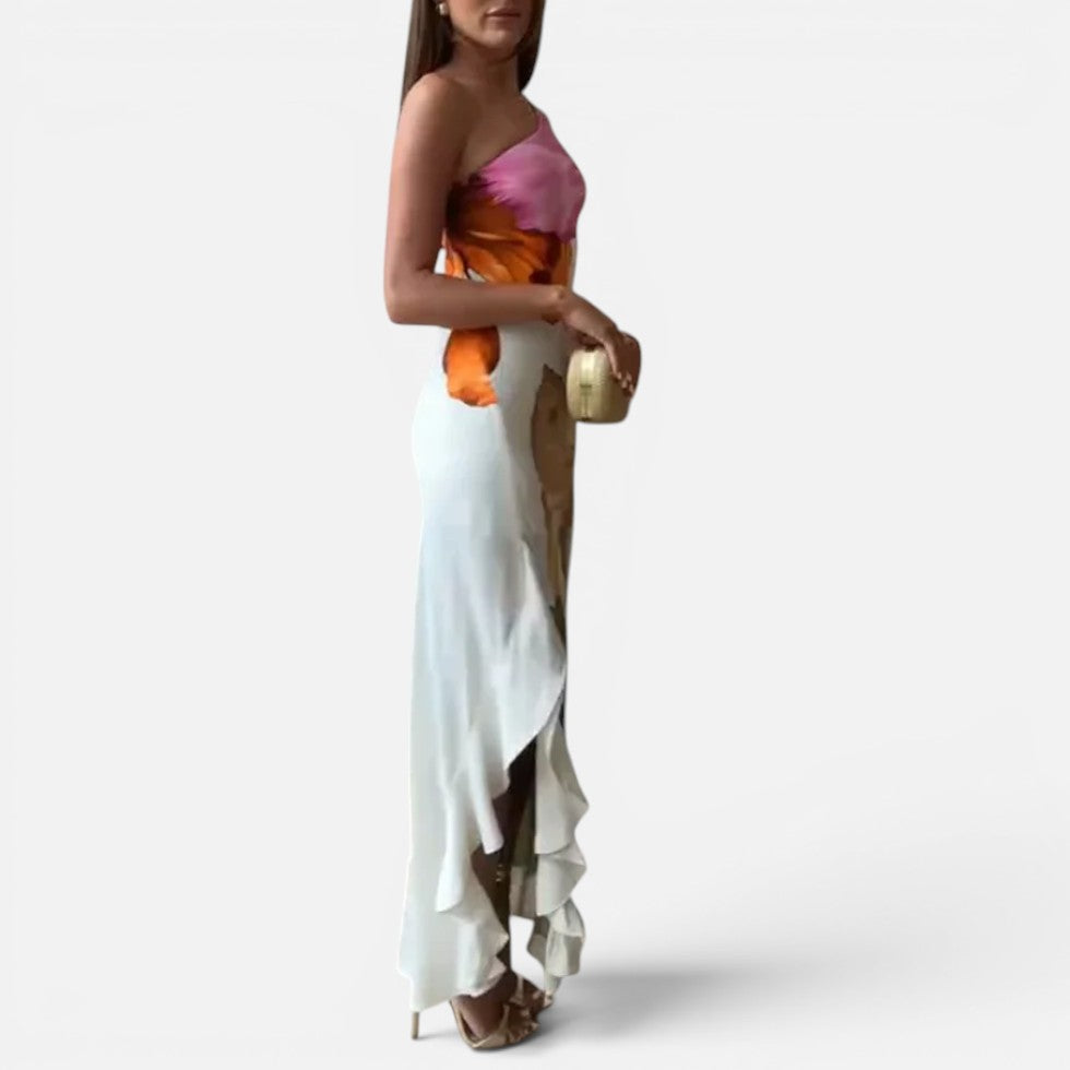 Damen Maxikleid asymmetrisch mit Blumenmuster