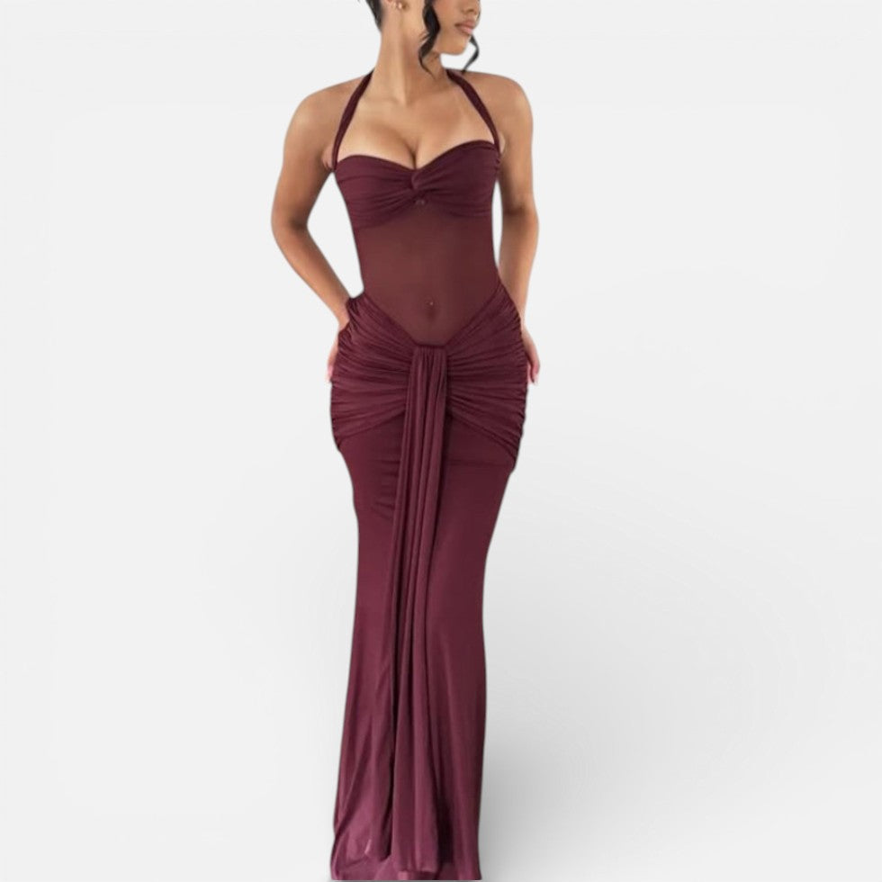 Langes Abendkleid mit Neckholder und Drapierung
