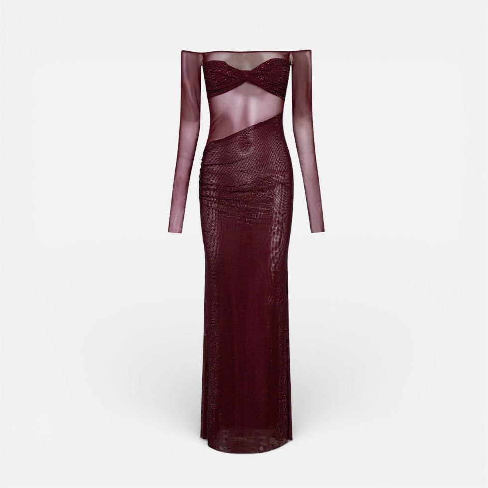 Langes Abendkleid mit Off Shoulder Schnitt und transparentem Oberteil