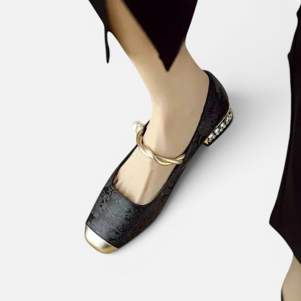 Orthopädische Mary Jane Schuhe Riemen Design Blockabsatz Jacquard Muster