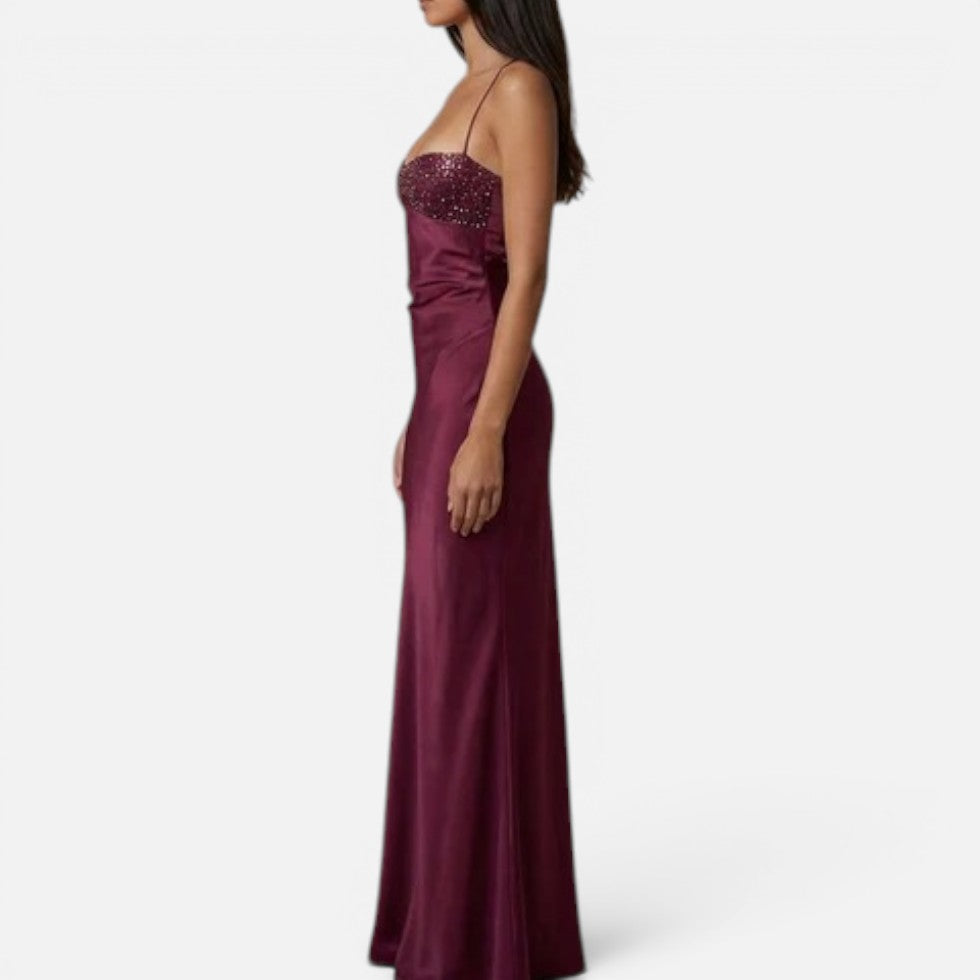 Maxikleid Perlenbesatz Halterneck Ärmellos Satinoptik