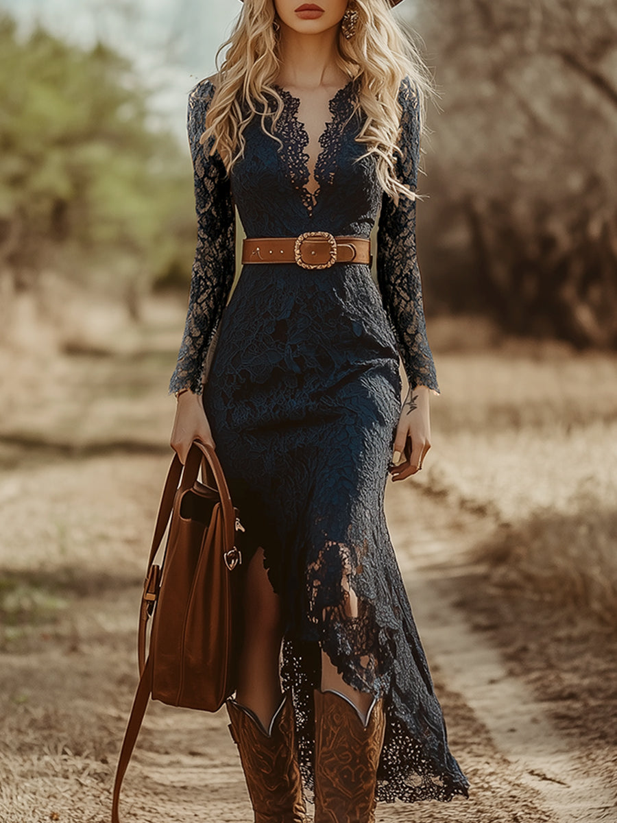Iphigenia | Damen V-Ausschnitt Langarm Spitzen Midikleid