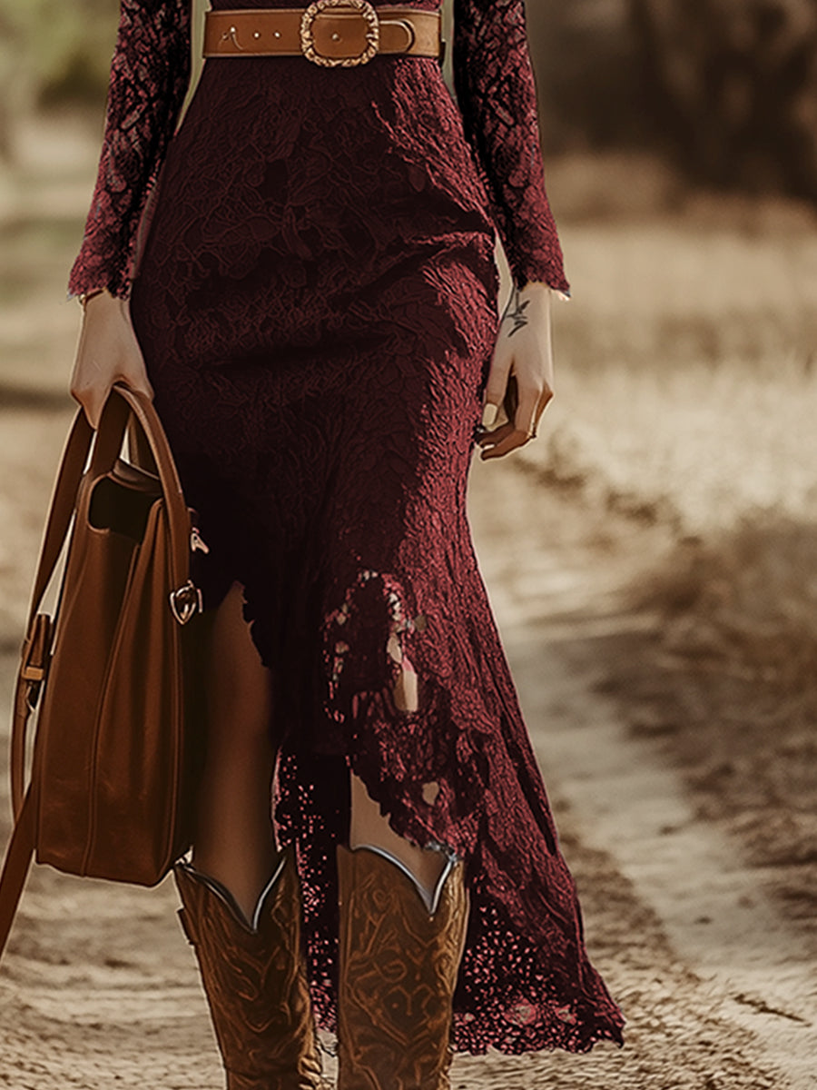 Iphigenia | Damen V-Ausschnitt Langarm Spitzen Midikleid