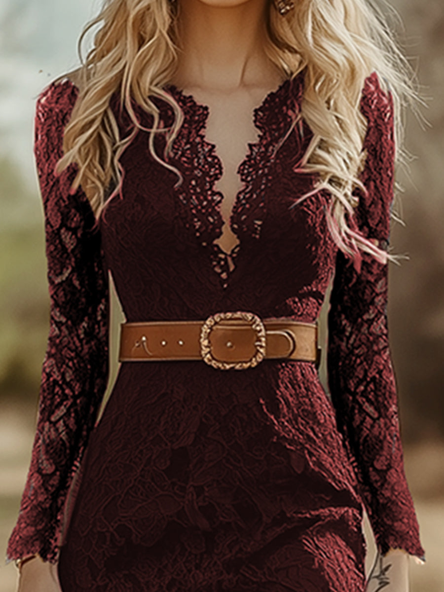 Iphigenia | Damen V-Ausschnitt Langarm Spitzen Midikleid