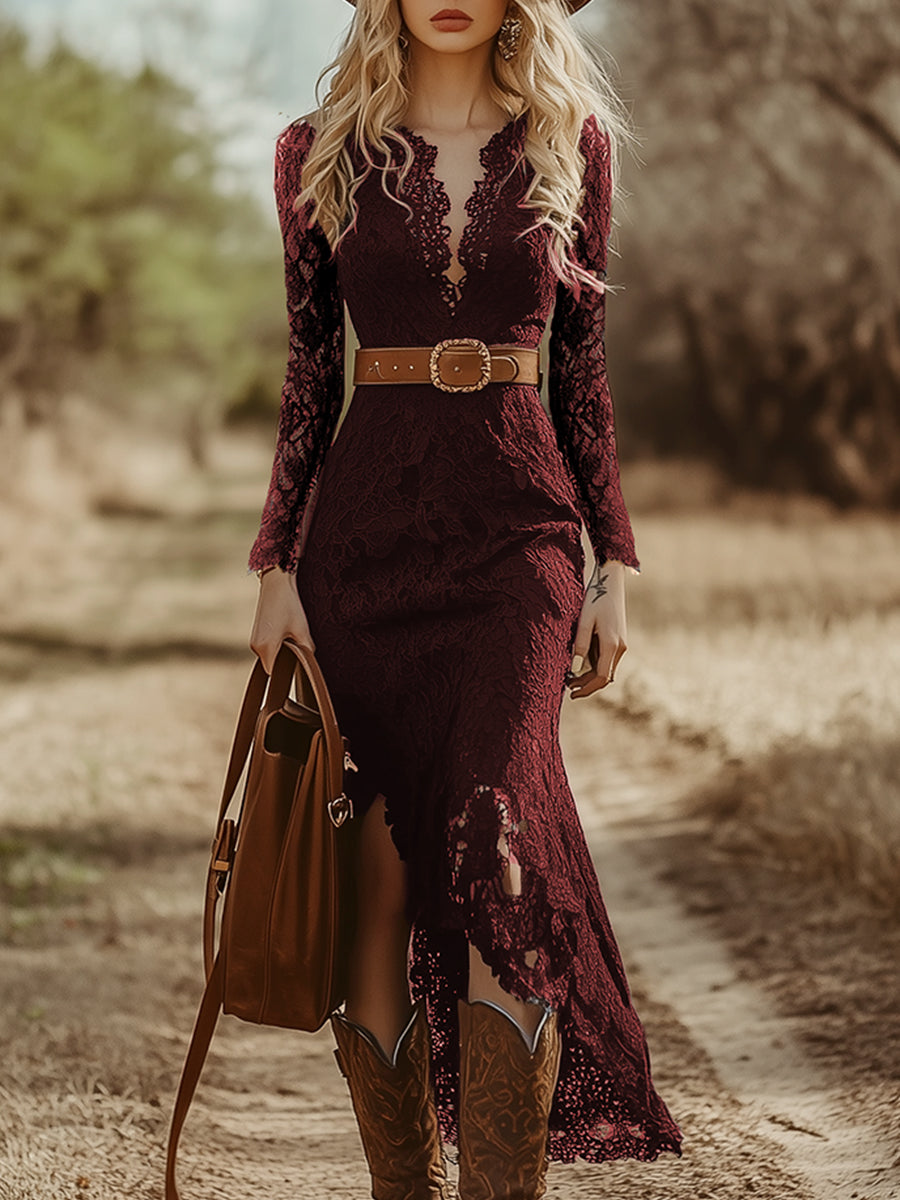 Iphigenia | Damen V-Ausschnitt Langarm Spitzen Midikleid