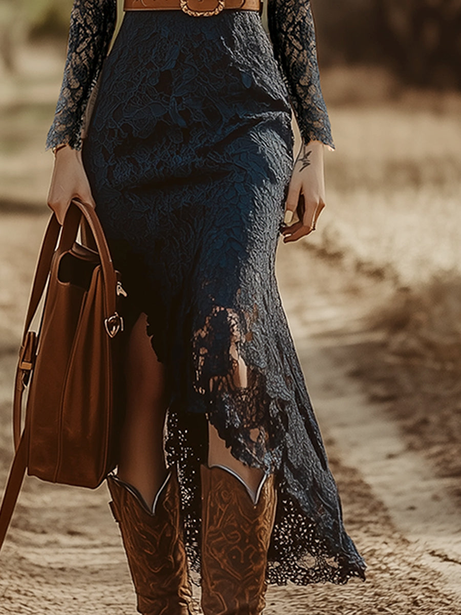 Iphigenia | Damen V-Ausschnitt Langarm Spitzen Midikleid