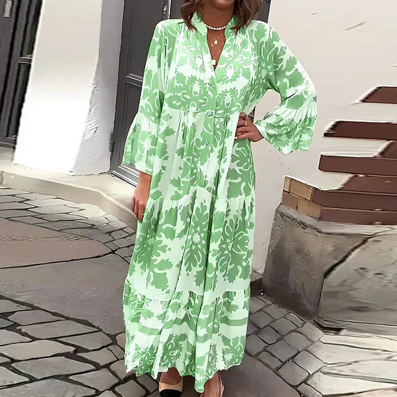 Isolde | Damen Blumenmuster Langarm Midi Kleid
