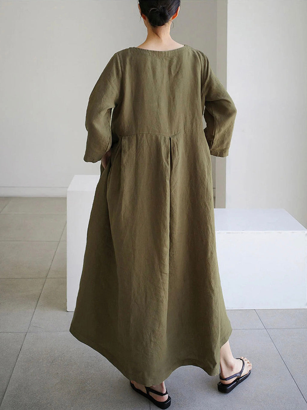 Damen Sommer Langarm Leinen Maxikleid