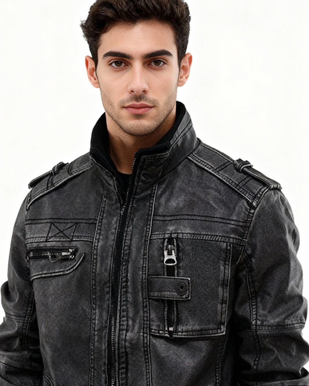 Herren Jacke im Biker-Stil mit Stehkragen und Schulterdetails