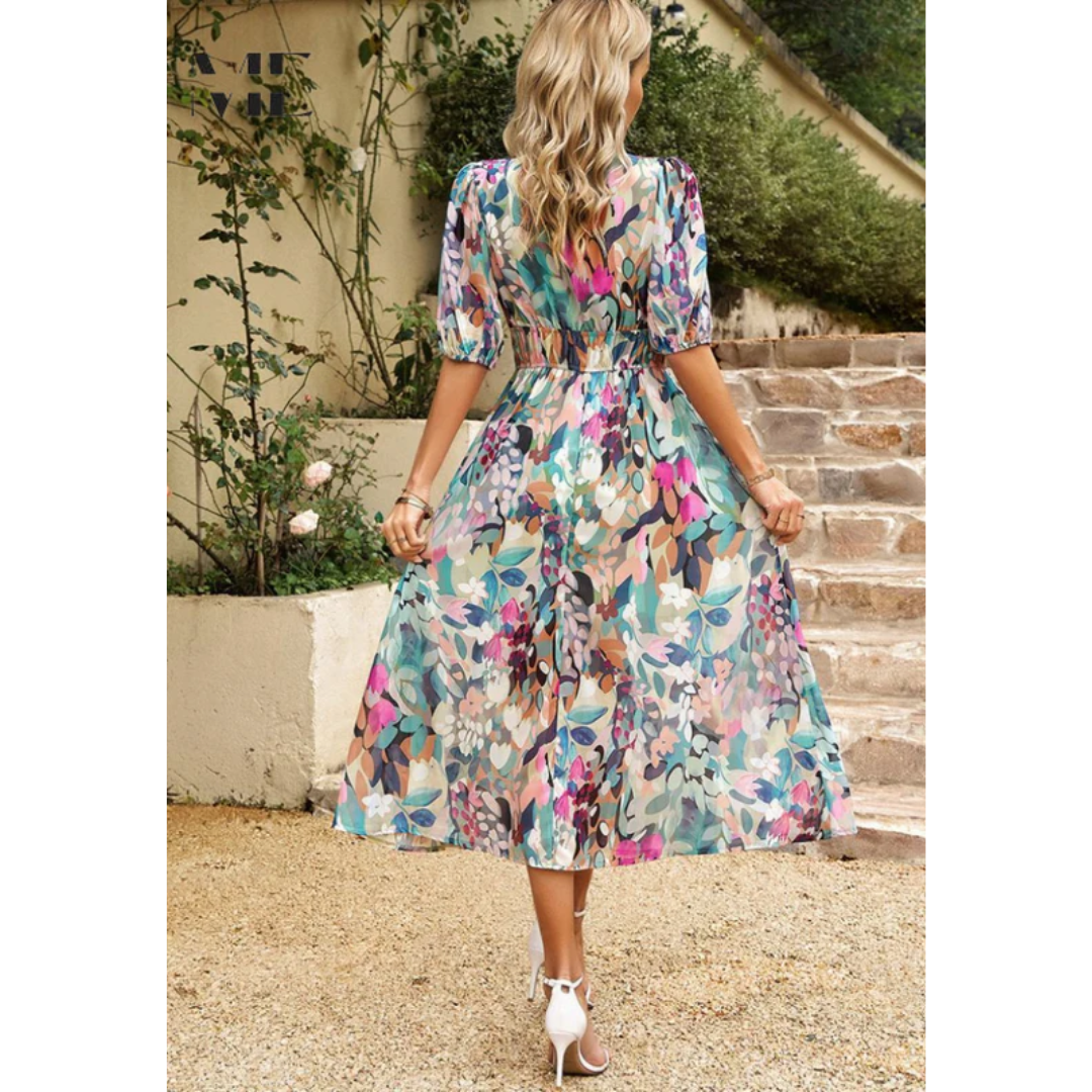 Jasmine | Damen Sommerkleid Floral V-Ausschnitt Midi Elegant