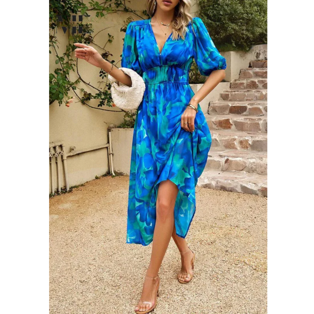 Jasmine | Damen Sommerkleid Floral V-Ausschnitt Midi Elegant