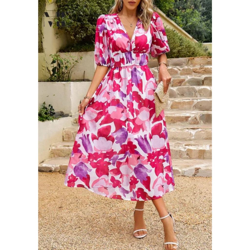 Jasmine | Damen Sommerkleid Floral V-Ausschnitt Midi Elegant