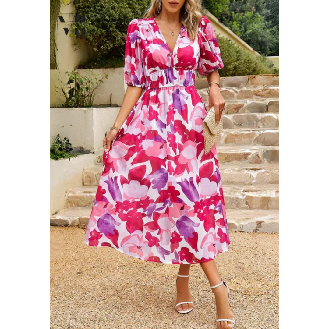 Jasmine | Damen Sommerkleid Floral V-Ausschnitt Midi Elegant