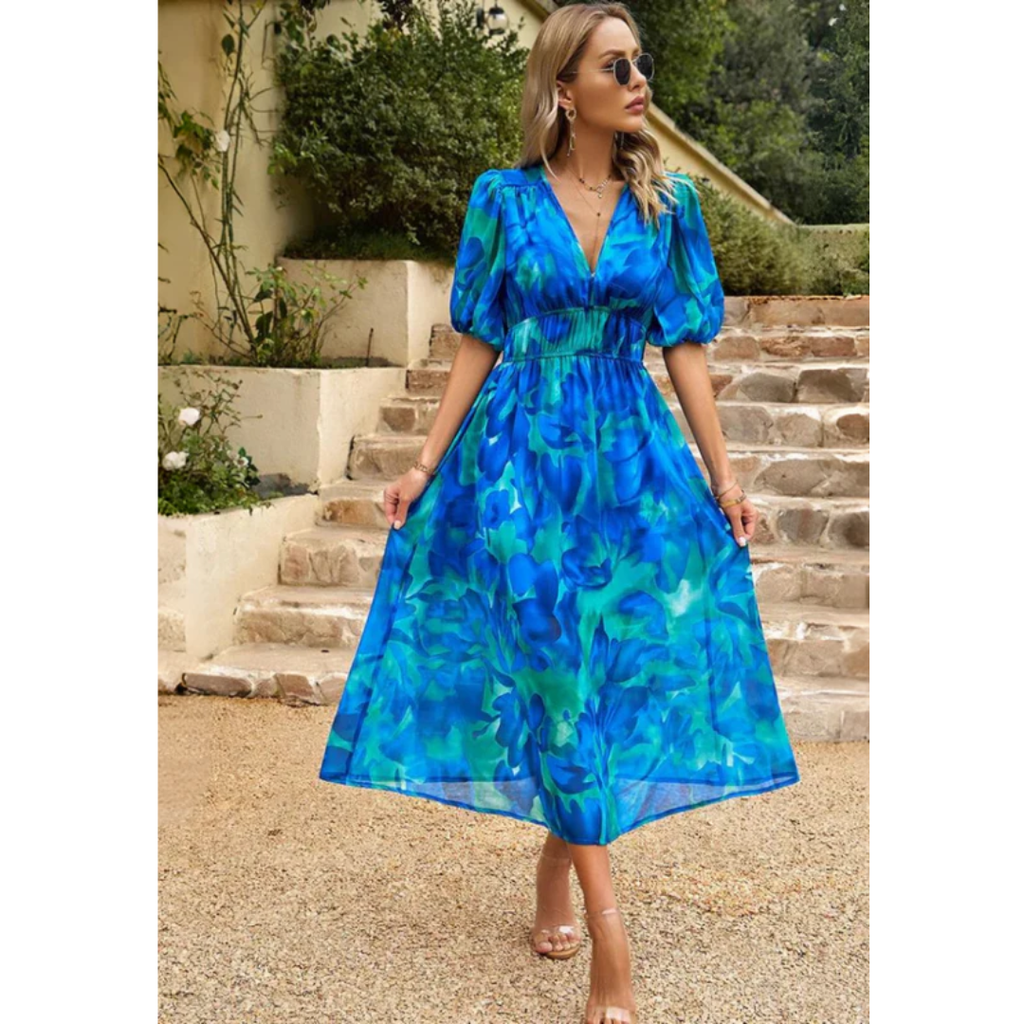 Jasmine | Damen Sommerkleid Floral V-Ausschnitt Midi Elegant
