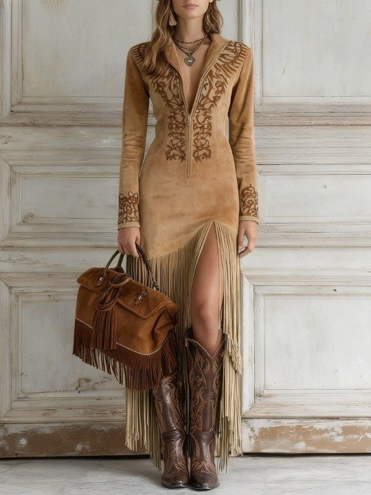 Damen Boho Wildleder-Optik Maxikleid mit Fransen