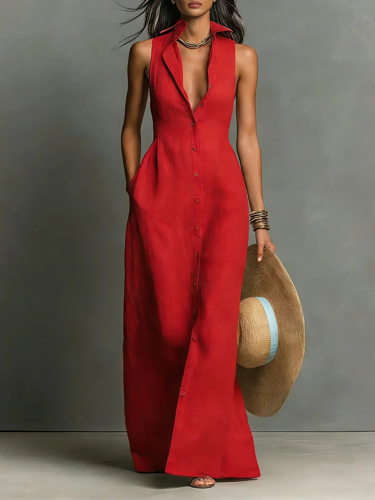 Johanna | Damen Ärmelloses Hemdblusenkleid Maxikleid