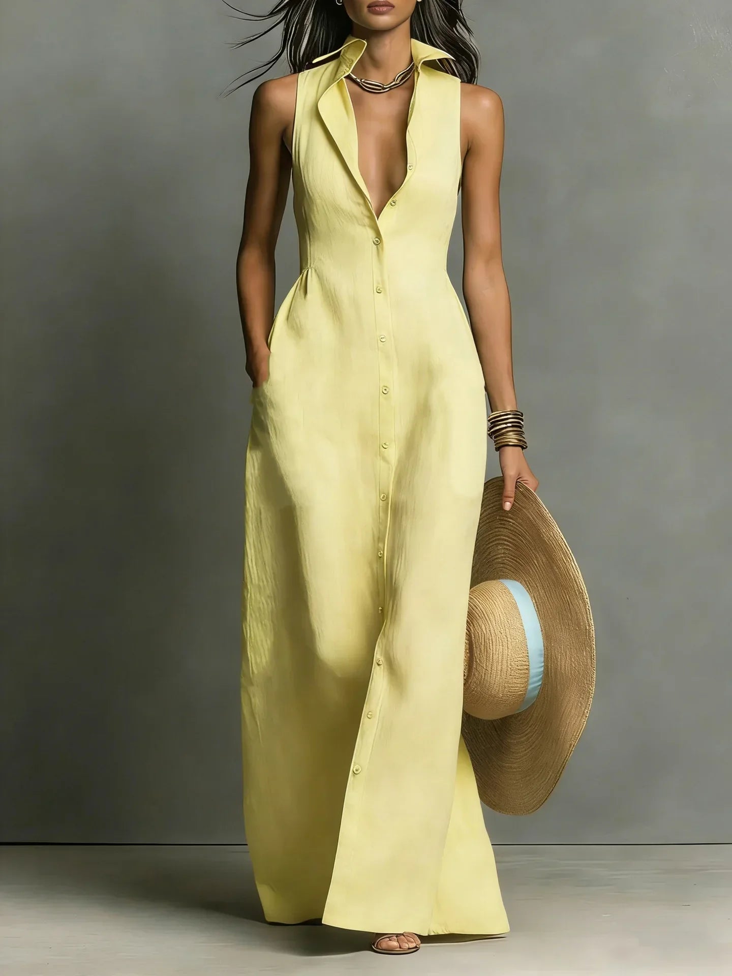 Johanna | Damen Ärmelloses Hemdblusenkleid Maxikleid