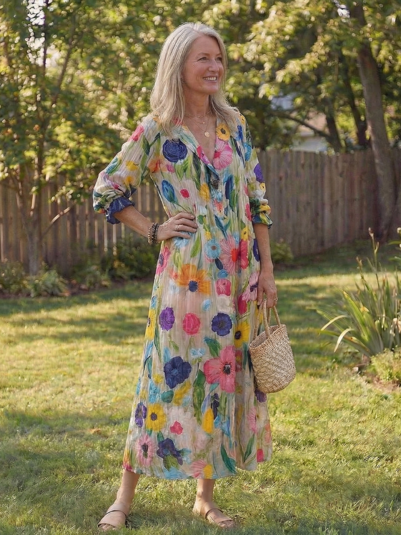 Josefine | Damen Blumen Maxikleid mit 3/4 Ärmeln