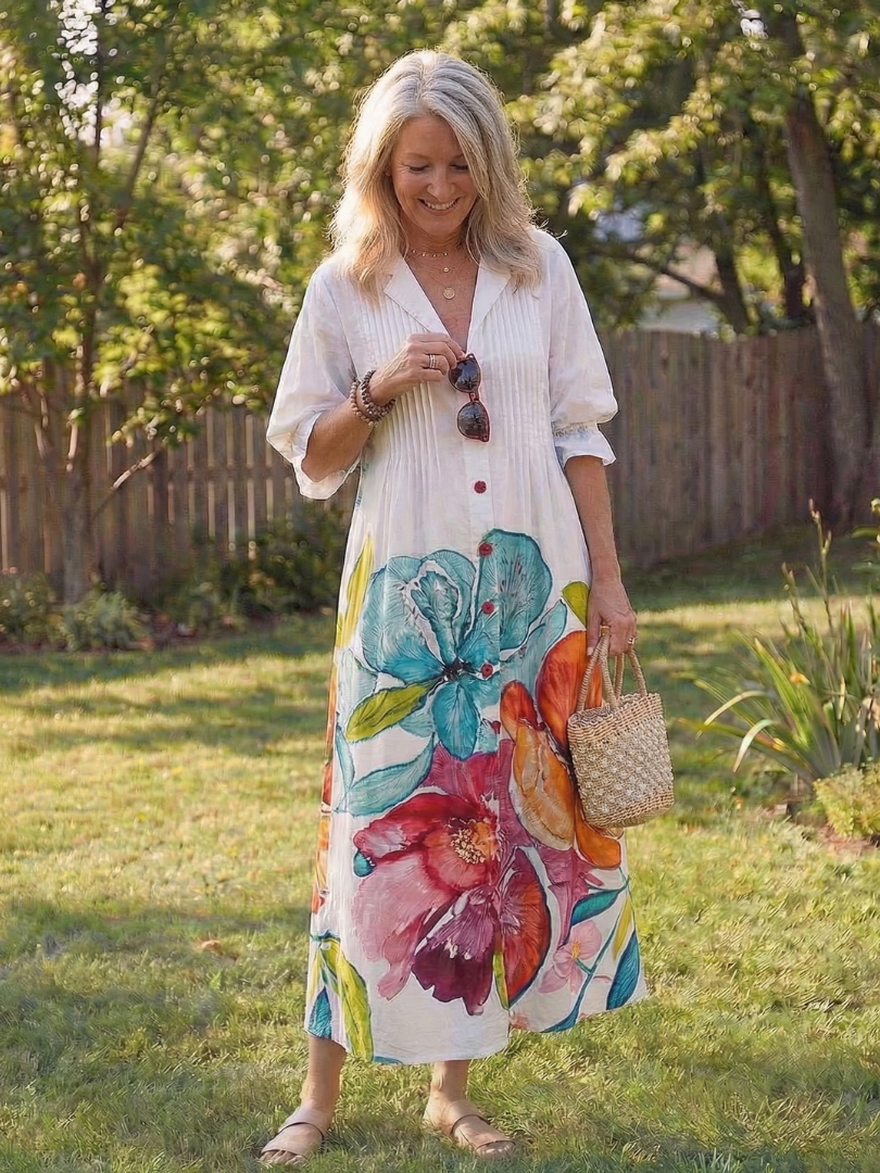 Josefine | Damen Blumen Maxikleid mit 3/4 Ärmeln