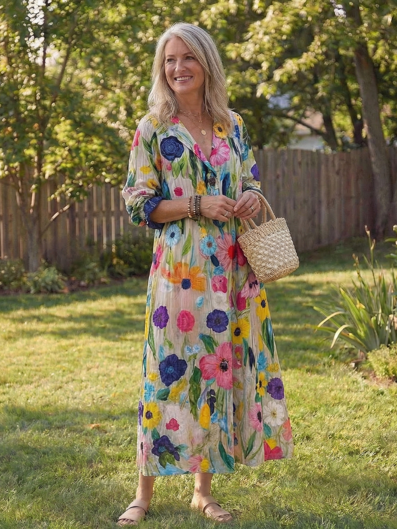 Josefine | Damen Blumen Maxikleid mit 3/4 Ärmeln